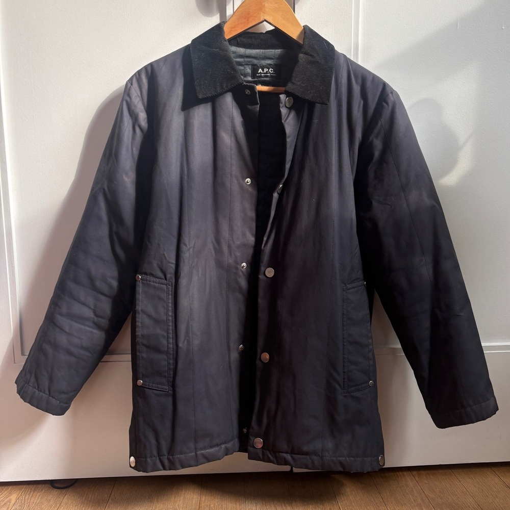 A.P.C. men’s dark navy blue quilted waxed jacket